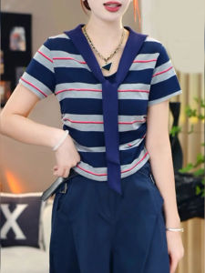 BINKAFENNY | เสื้อยืดแขนสั้นลายทางทรงเข้ารูป ผ้าโพลีเอสเตอร์ ทรงเข้ารูป แขนสั้น ลายทาง สีบล็อก เสื้อผ้าทำงานสไตล์เกาหลี