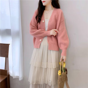 Spring Autumn 2025 Lazy Style Womens Short Loose Knitted Sweater Cardigan Fashionable Outerwear Trendy V-neck Long Sleeve