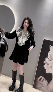 Fall 2023 New Arrival Best-Seller on Douyin Internet Celebrity Sense European Goods Goddess Patchwork Lace Lace Collar Classy Dress