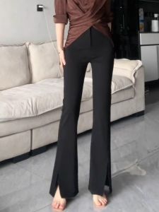 Quần Ống Loe Cạp Cao Màu Đen Cho Nữ Mùa Hè 2025 Quần Ống Rộng Thường Ngày Mới Cạp Cao Thon Gọn