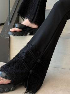 Casual Lace Patchwork Bell Bottom Pants Womens Spring Design Button Detail Draping Floor Length Slim Fit High Waist Trousers