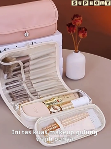 Tas Kosmetik Tas Penyimpanan Kuas Rias Tas Set Kosmetik Kotak Penyimpanan Tas Gulung Perjalanan Portabel PU Tahan Air Desain Roll-Up Multifungsi