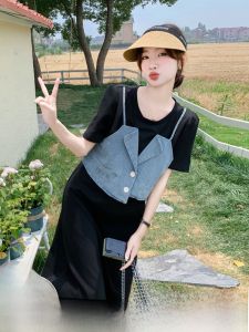 ชุดเดรสแขนสั้นผ้าเดนิมสไตล์เกาหลีสำหรับผู้หญิงในช่วงฤดูร้อน ทรงเอ เอวสูง ทรงเข้ารูป ชุดสองชิ้น แขนสั้น กระโปรงทรงเอ