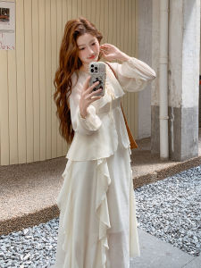 Chic Off-Shoulder Midi Dress Set in Beige Color Casual Style Long Sleeve Loose Fit Two-Piece Set for Women Autumn Season