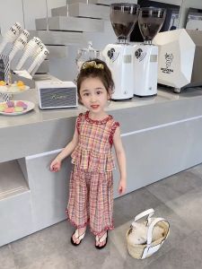 เสื้อผ้าเด็กผญ ชุดแฟชั่นเด็กผู้หญิง ดีไซน์ลายสก็อตแฟชั่นเกาหลี เซ็ต2ชิ้นเสื้อแขนกุดกางเกงขาสั้นเด็กหญิง 23727