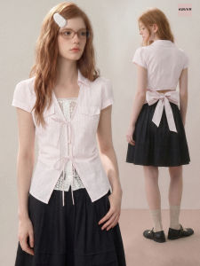 KBVVR | Pink Striped V-neck Illusion Two-piece Short Sleeve Summer Fitted Lace Panel Backless Blouse