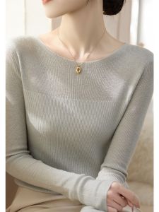 เสื้อชั้นในถักคอวีแขนยาวผ้าขนสัตว์สำหรับผู้หญิง ฤดูใบไม้ร่วง 2024 ใหม่ สีสันสดใส แขนยาว ปกติ ปกติ แขนยาว ปกติ