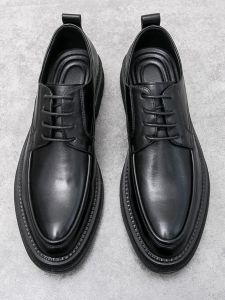Spring and Autumn Business Suit Leather Shoes Mens British Casual Shoes K-style Trendy Young Breathable Black Hidden Elevator Mens Shoes