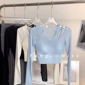 Áo Tập Thể Dục Không Tay Dài Bằng Nylon Thoáng Khí Cho Nữ Mùa Xuân 2025 Áo Tập Thể Dục Khiêu Vũ Khoét Vai Lưới Giả Hai Mảnh