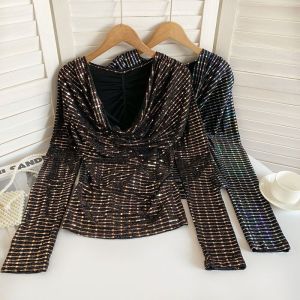 Áo Thun Hở Lưng Khoét Sâu Gợi Cảm Dài Tay Sequin Cổ Bồng Dáng Ôm Vừa Vặn Mùa Thu Phong Cách Hàn Quốc Chất Liệu Khác