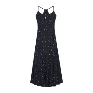 Kumikumi Summer Lace Halter Dress Womens Sweet Sister Style A-Line Long Dress Knitted Fabric No Sleeve Gathered Waist Korean Version