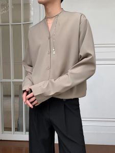 Summer Drape Retro V-neck Ice Silk Long Sleeve Shirt Mens Versatile Stand Collar Handsome Shirt Trendy Ins Thin Tops