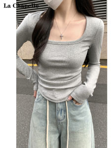 La Chapelle Grey Long Sleeve Womens T-shirt Pure Cotton Base Layer Single Wear Spring Autumn Top Quality Korean Style Slim Fit