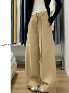 Khaki Wide Leg Casual Pants Womens Summer Long Trousers 175 Tall Vintage Drapey Floor-Length Loose Fit Trousers