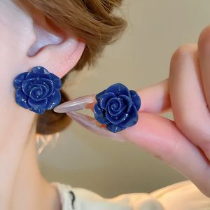 Retro Deep Blue Resin Rose Temperament Stud Earrings Women Delicate Romantic Flowers Earrings Party Jewelry Gift Accessories K-