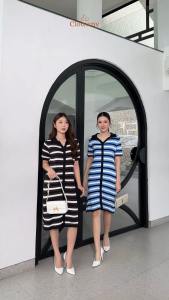 Clouwny Butter Stripes Dress Wanita Lengan Pendek Stripes Simple Premium Knit Fit to XXL