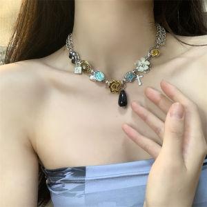 สร้อยคอ Zirconia Vintage Baroque โลหะหลายส่วนรูปดอกไม้ เครื่องประดับแฟชั่นสำหรับผู้หญิง สร้อยคอแบบอ่อนๆ ประดับเพชรเทียม