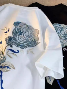 เสื้อยืดแขนสั้นคอกลมลายดอกกุหลาบ ผ้าฝ้ายแท้ ทรงหลวม แฟชั่นฤดูร้อน เสื้อผ้าทำงาน ผ้าฝ้ายผสม ปักลาย ทรงหลวม ลำลอง