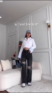 Acasey กางเกงยีนส์ผู้หญิง เอวสูง ขากระบอก แต่งขาด แนววินเทจ ไซส์ S - 40 ยีนส์สำหรับสาวอวบ