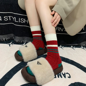 Red and Green Stripes Christmas Stockings Children Tube Socks Ins Tide Autumn and Winter Thickening Thermal Knitting Bunching Socks Japanese Style Stockings