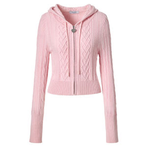 TAMMY TANGS | Sweet Style Zipper Hooded Knitted Wool Blend Cardigan Jacket Womens Sporty Girl Pink Twist Yarn Soft Fit Type Nylon Fiber