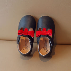 La Chabell Baby Girl Pure Color Minimalist Bow Leather Shoes 2024 Autumn New Arrival Girl Cut Out