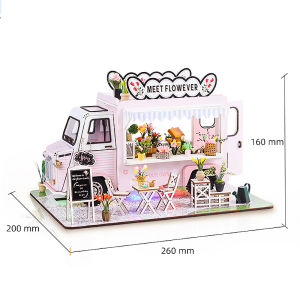 DIY Flower Truck Dollhouse Kit 3D Wooden Miniature Doll House Assembly Model with LED Light Toy Gift for Adults Home Decor
