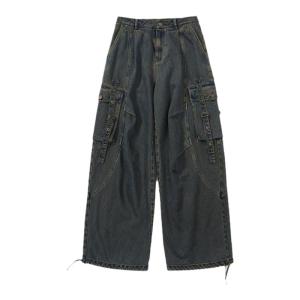Octopusme Heavy Duty Washed Workwear Jeans Women Loose Design Long Pants Multi Pocket Natural Waist Denim Trousers Deep Color
