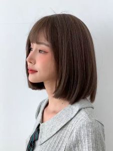 Korean style wig for women short straight hair fashion sweet air bangs shoulder length wig