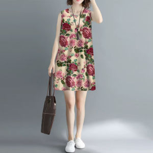 Loose Vest Dress Womens Summer New Style Inner Wear Base Tank Long Dress Versatile Skirt Commute Retro Print Loose Waist Medium Stretch Polyester Spring Summer Autumn Casual A-Line
