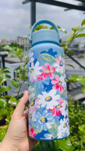 Bình Giữ Nhiệt Hoa Vintage Dung Tích Lớn 1000ML Inox 304 Có Quai Xách Tiện Lợi_Xanh trời