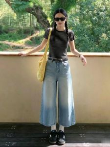 V.C.I | High Waist Summer Lightweight Loose Straight Leg Jeans Light Blue Three Quarter Length
