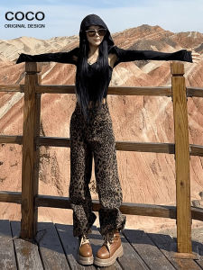 High Waist Wide Leg Leopard Print Denim Pants Womens Autumn High End Retro Loose Drapey Jeans Korean Style Slimming Effect