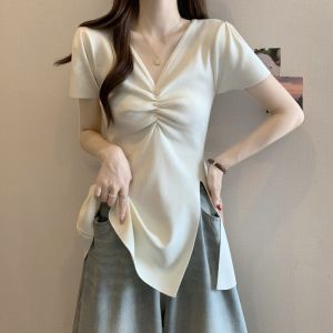 Black V-Neck Ice Silk Knitted Short Sleeve T-Shirt Womens Summer plus Size Midi Split Top Casual Korean Style Loose Fit