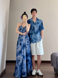 Couples Summer Short Sleeve Dyed Shirt Mens French Strap Long Dress Beach Vacation Dress Trendy One Skirt One Dress