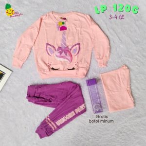 LITTLE PINEAPPLE SETELAN CELANA MUSLIM BRANDED SATU SET DENGAN JILBAB ANAK BALITA PEREMPUAN USIA 3-4 TAHUN LP 120 C GRATIS BOTOL MINUM TUMBLER SETCEL PREMIUM ATASAN SWEATSHIRT MOTIF UNICORN CELANA PANJANG RIB BAHAN KATUN IMPORT BAJU MUSLIM NGAJI MURAH COD