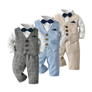 lontakids เด็กวัยหัดเดินเด็ก4ชิ้น (เสื้อกั๊ก + กางเกง + เสื้อ /Romper + Bowtie) สีกากีสีฟ้าสีเทาลายสก๊อตเสื้อกั๊กชุดงานแต่งงานอย่างเป็นทางการสวมใส่เด็กสุภาพบุรุษชุด