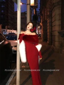 French Style One Shoulder Knitted Red Dress Slimming Base Layer Wrap around Long Knitted Skirt for Women Spring Autumn Winter