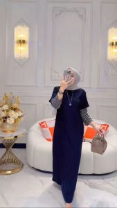 Gamis Kaos Wanita Terbaru 2024 Alisya Bahan Combed Dress Wanita Korean Style Motif Garis Tangan Viral