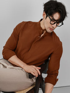 New Chinese Style Long Sleeve Slim Fit Shirt for Men with Stand Collar And Hidden Buttons Suitable for Office Wear Business Formal