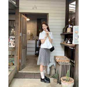 Sweet Korean Style Striped Shirt with Ruffle Collar Breathable Cotton Blend Short Sleeve Citywalk Friendly Casual Top for Teens