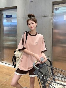 Summer Casual Sports Set Womens Loose Short Sleeve Running Two-Piece Suit Big Size Fashionable New 2024 Cotton round Neck