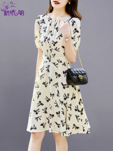 Summer Floral Print Dress Womens Short Sleeve Drawstring Waist Slimming A-Line Skirt Elegant French Style Fashionable New Arrival