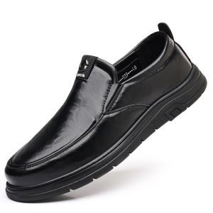 Mens Fashionable Casual Leather Shoes Slip-On Business Office Wear Four Seasons round Toe Rubber Outsole Ultra Leather