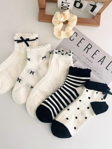 Ballet Style Butterfly Knot Short Socks Thin White Lace Trimmed Girls Summer Cotton Socks for Spring Summer Sweet Style