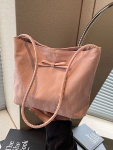 Korean Style Bucket Bag Womens Casual Handheld Shoulder Bag Fashionable All-Match Underarm Bag Soft PU Leather Pure Color
