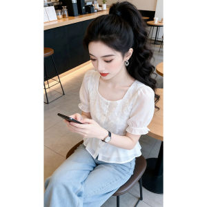 Shalldoer | French Square Collar Puff Sleeve Chiffon Summer Top for Plus Size Waist Defining Skirt Hem