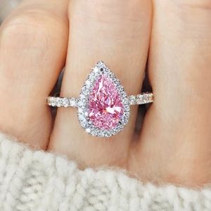 Huitan Waterdrop Pink/White Cubic Zirconia Rings for Women Luxury Trendy Engagement Wedding Bands Accessories Eternity Jewelry