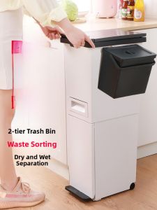 No-Bend Double-Layer Kitchen Waste Bin Large Capacity Covered Dry-Wet Separation Japanese Style Home Use Garbage Can