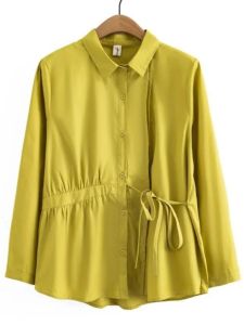 plus Size Solid Color Long Sleeve Shirt with Belt Street Style Loose Fit Regular Length Casual Womens Fashion Pure Color